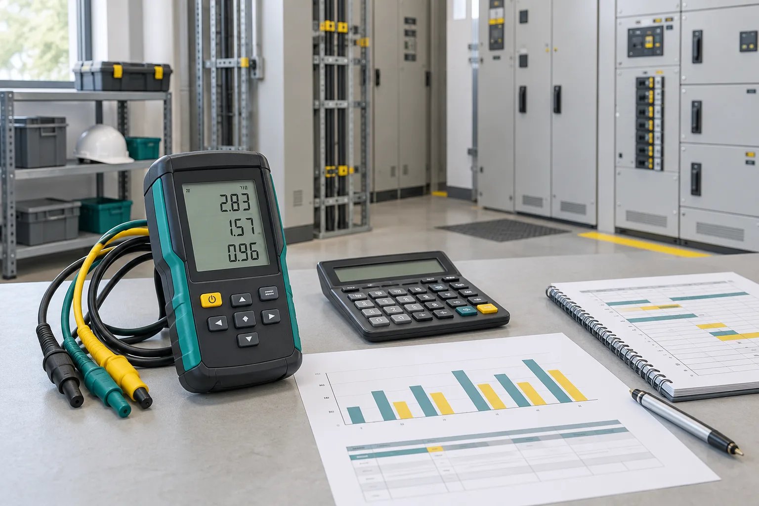 Electrical energy meter, calculator and an illustrative operating schedule on a light gray industrial workbench.
