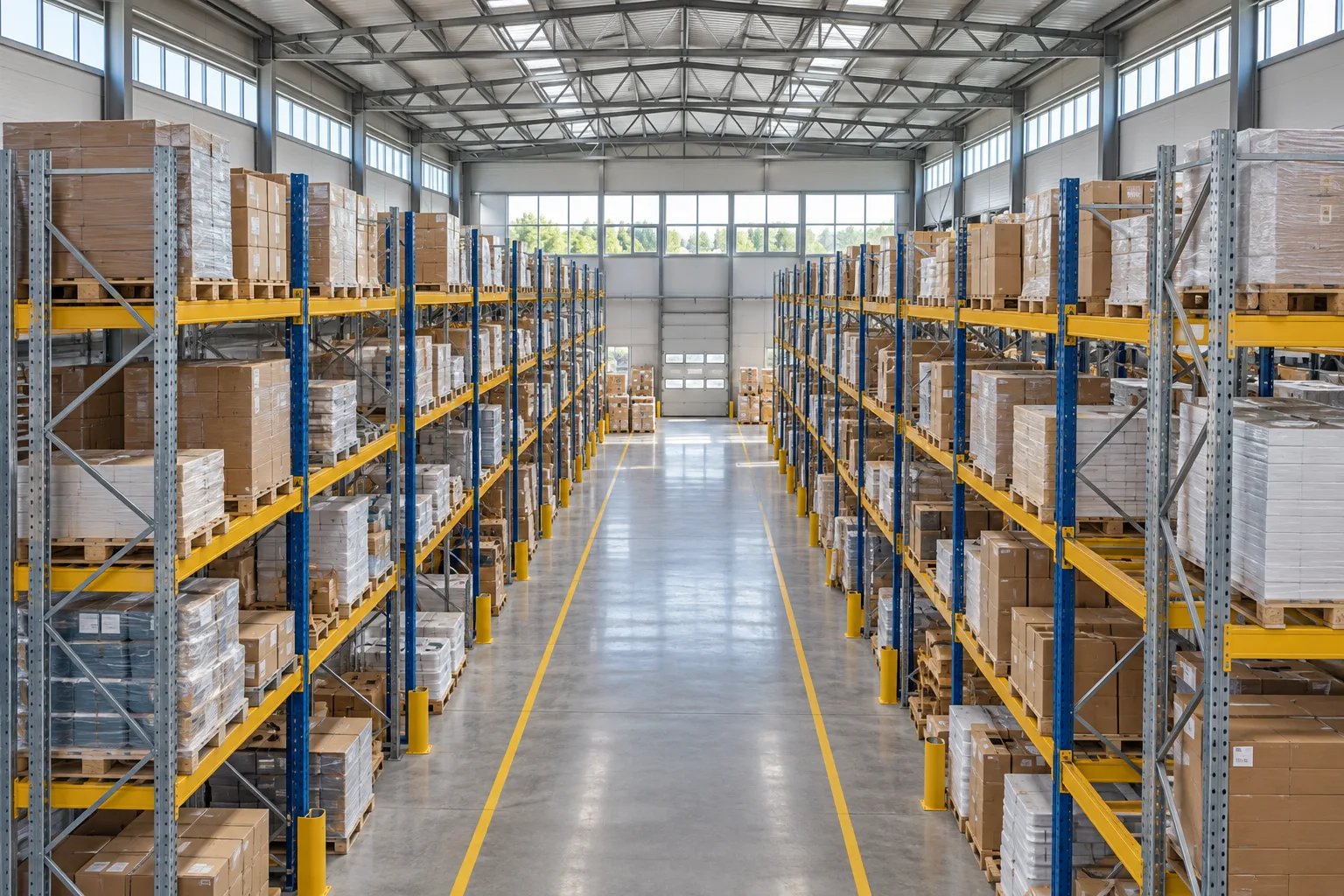 Bright warehouse aisle with tall pallet racks, stored cartons, yellow floor markings and visible steel roof trusses.